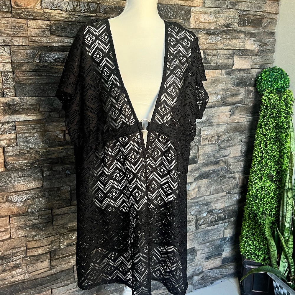 Catalina Black Crochet V-Neck Swim Coverup with Ring Detail